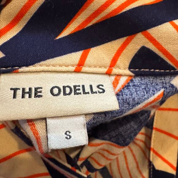 The Odells Geometric Top Orange Blue Tan V-Neck Back Pullover Short Sleeve Sz S - Picture 5 of 5